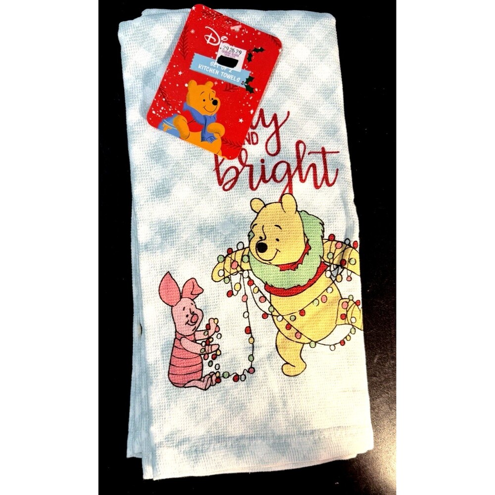 Disney Winnie Pooh 2 Pack Kitchen Hand Towels Christmas Piglet Merry & Bright